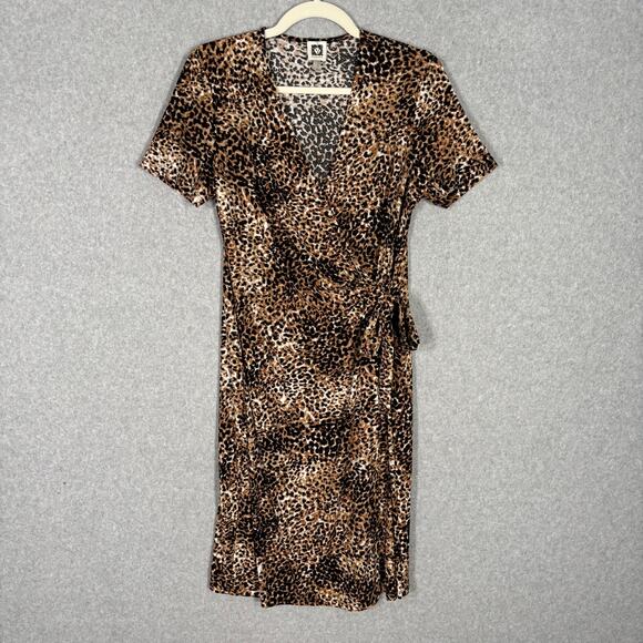 Anne Klein Dress 10 Wrap Leopard Slinky Knit Stretch Waist Tie Career Church